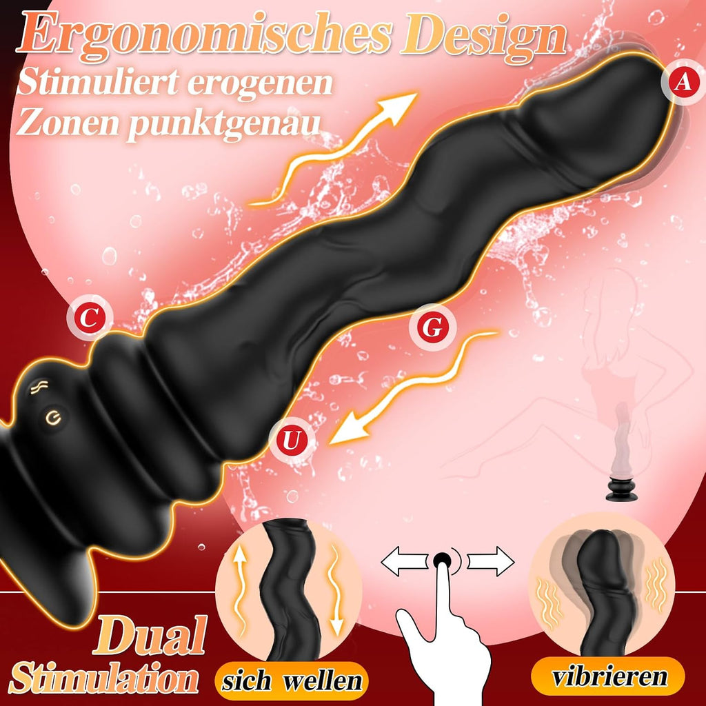 Wriggelnder Vibrator, realistischer Dildo, vibrierender Analplug, mit 9 Modi für Wellen und Vibration, G-Punkt und Prostata-Stimulator, mit Fernbedienung und Saugnapf, Unisex-Sexspielzeug