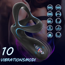 Load image into Gallery viewer, 3 in 1 Silikon Cockring Vibratoren-Anal und Perineum Klitoris Stimulator mit 10 Modi Vibration,Dehnbar Penisringe Erektion Massager,Sexspielzeug für Männer und Paare Extrem Schwarz